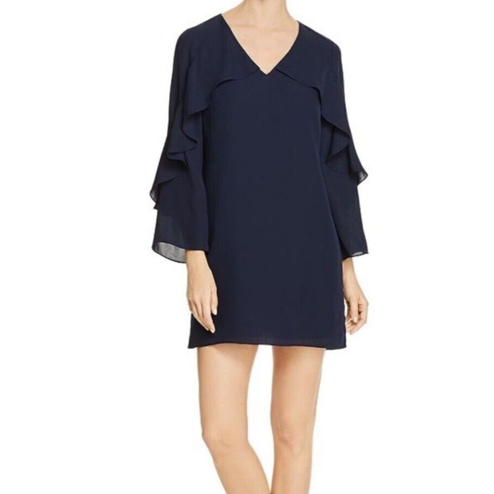 Kobi Halperin Sz 6 Shift Dress Blue Silk Long Flutter Sleeve Classic Luxury Boho